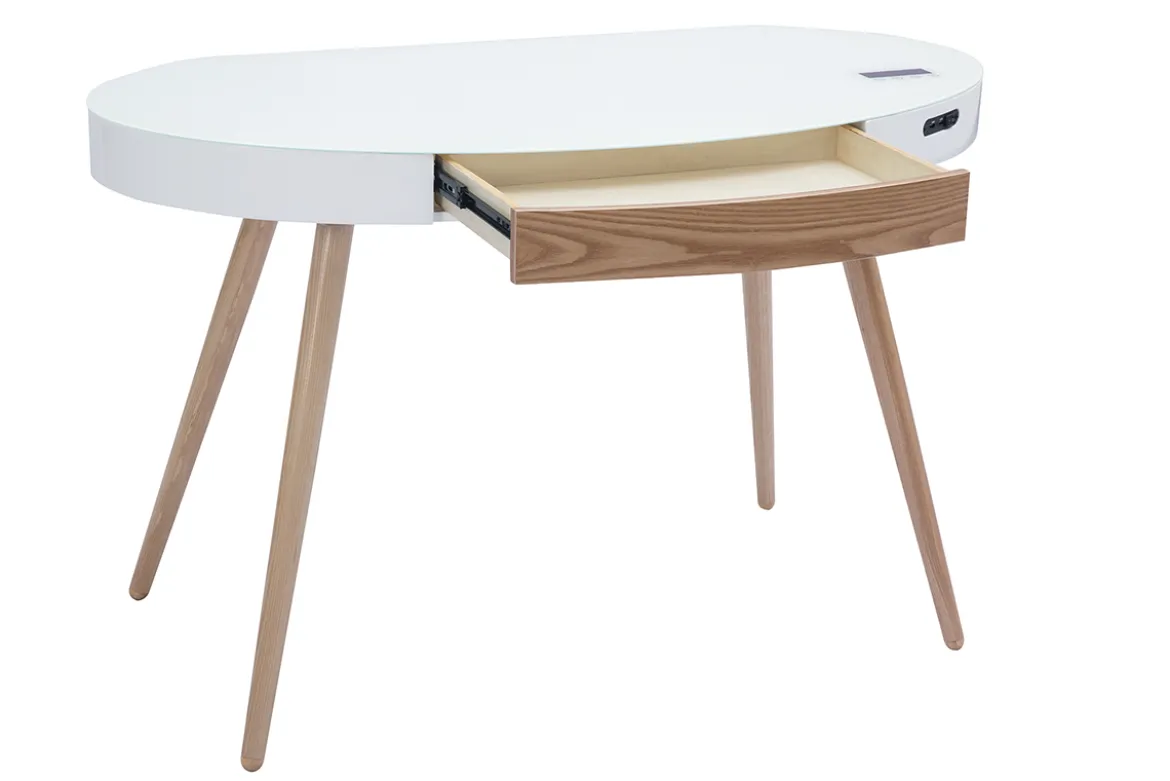 Bureau connecté multimédia verre blanc et bois clair L120 cm HANDY