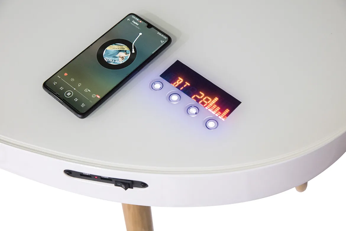 Bureau connecté multimédia verre blanc et bois clair L120 cm HANDY