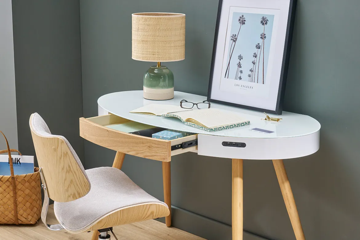 Bureau connecté multimédia verre blanc et bois clair L120 cm HANDY