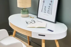 Bureau connecté multimédia verre blanc et bois clair L120 cm HANDY