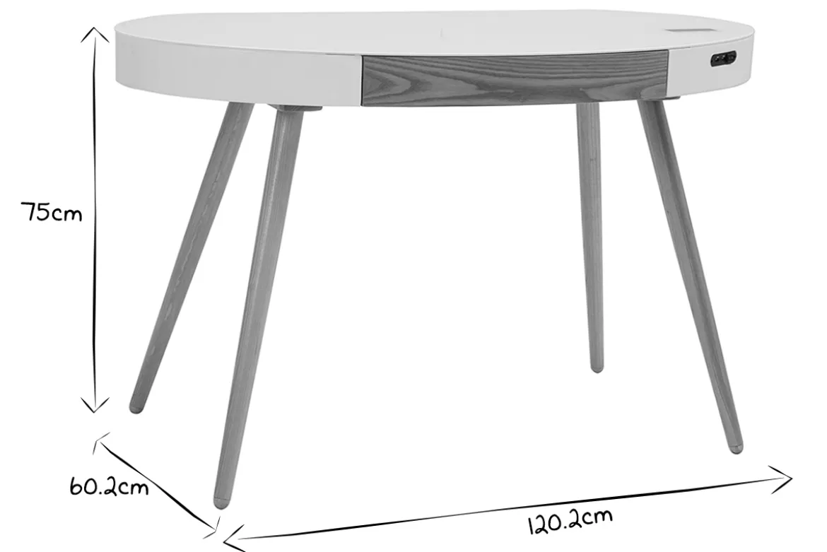 Bureau connecté multimédia verre blanc et bois clair L120 cm HANDY