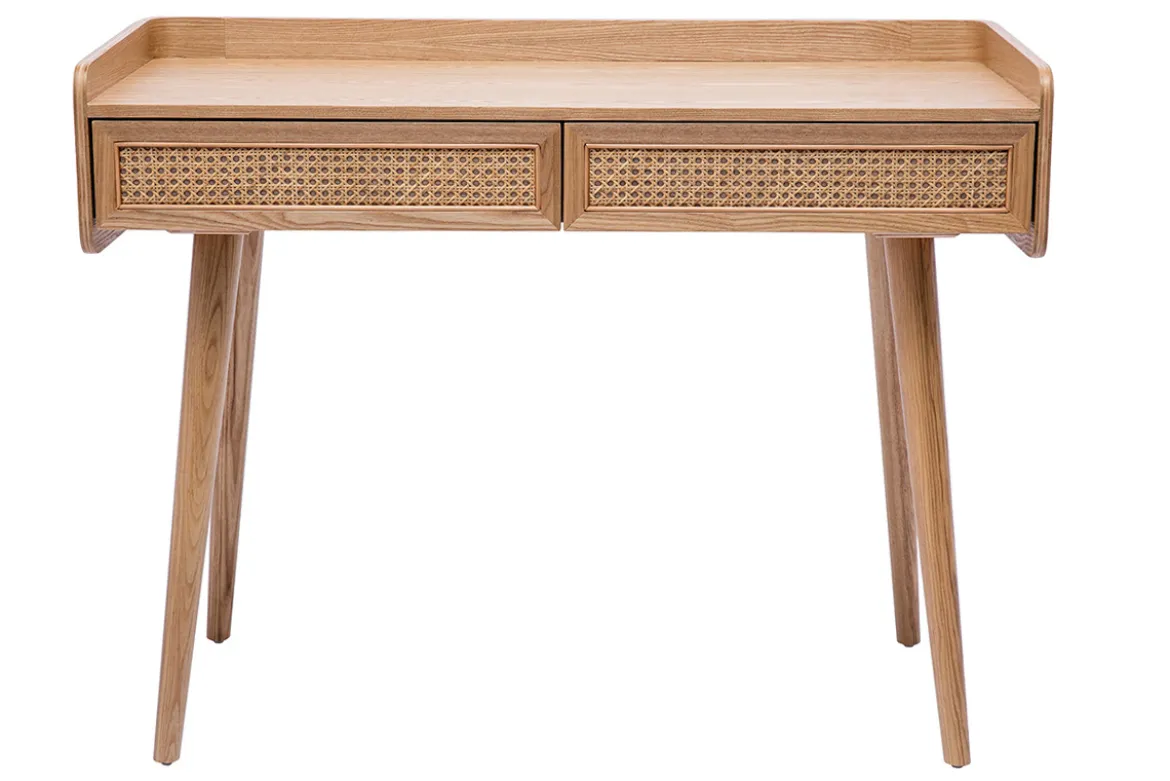 Bureau design avec rangements 2 tiroirs bois clair et cannage rotin L105 cm ELSY