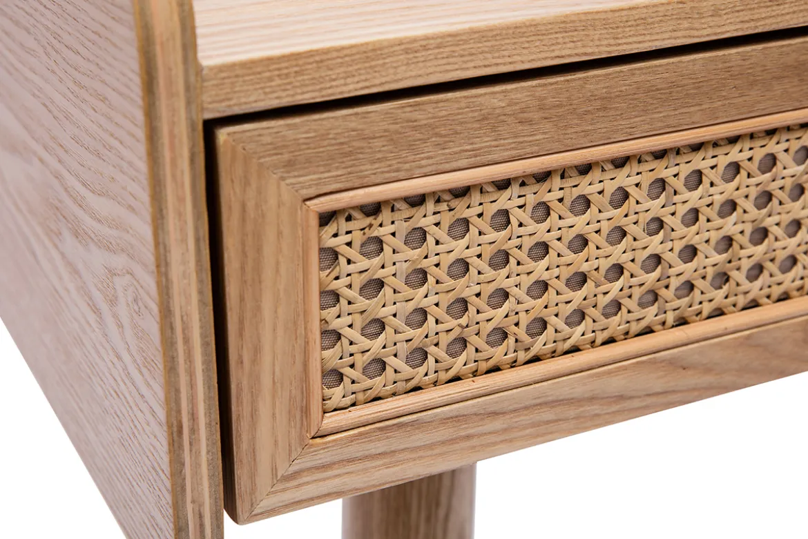 Bureau design avec rangements 2 tiroirs bois clair et cannage rotin L105 cm ELSY