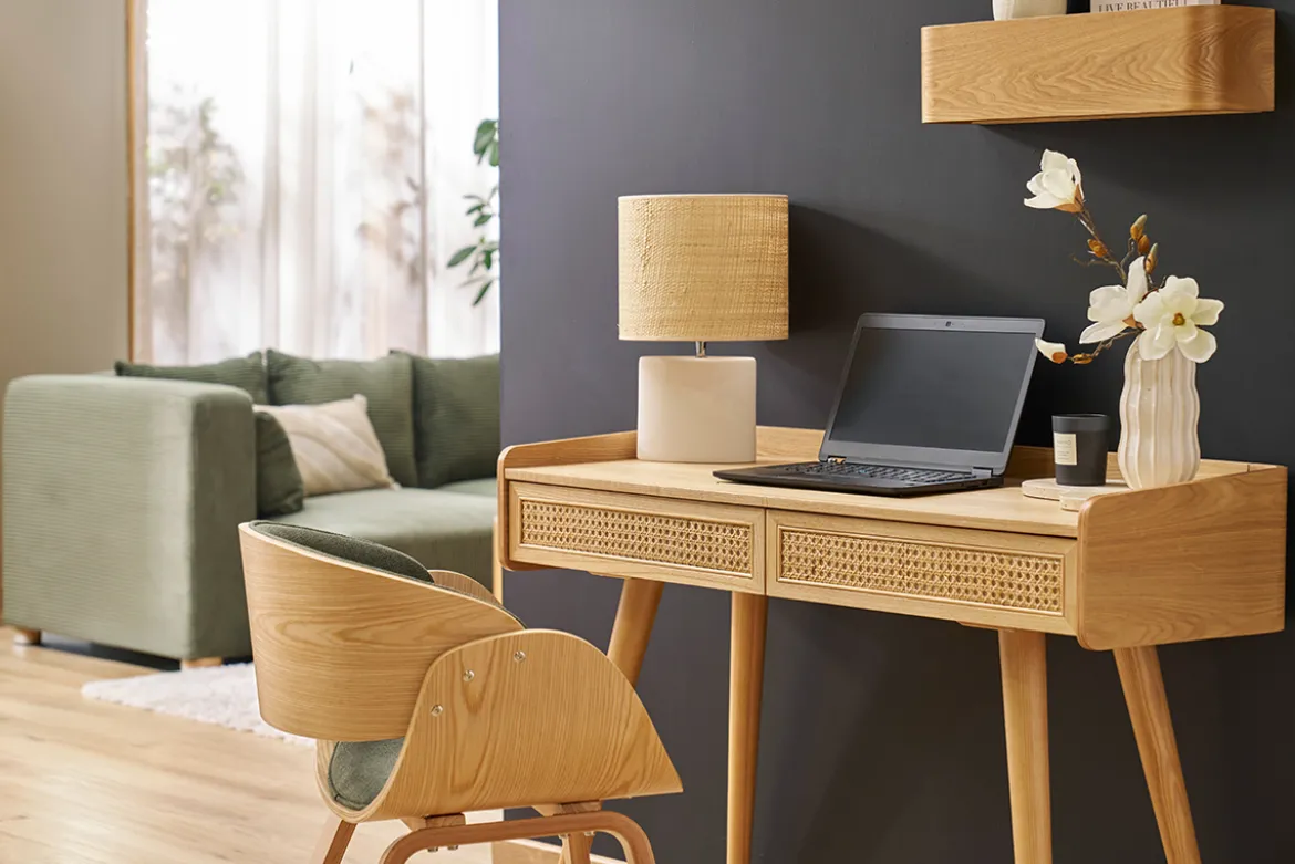 Bureau design avec rangements 2 tiroirs bois clair et cannage rotin L105 cm ELSY