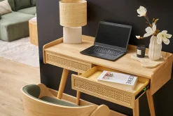 Bureau design avec rangements 2 tiroirs bois clair et cannage rotin L105 cm ELSY