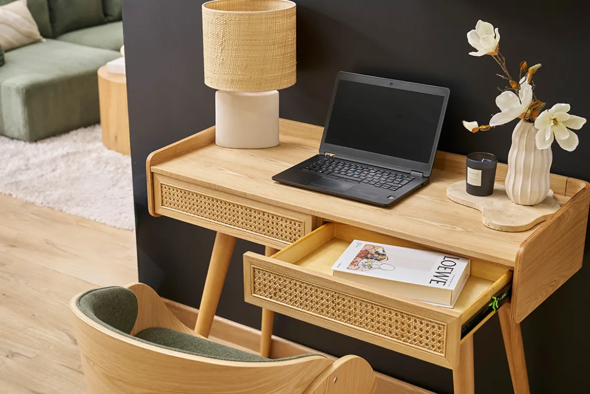Bureau design avec rangements 2 tiroirs bois clair et cannage rotin L105 cm ELSY