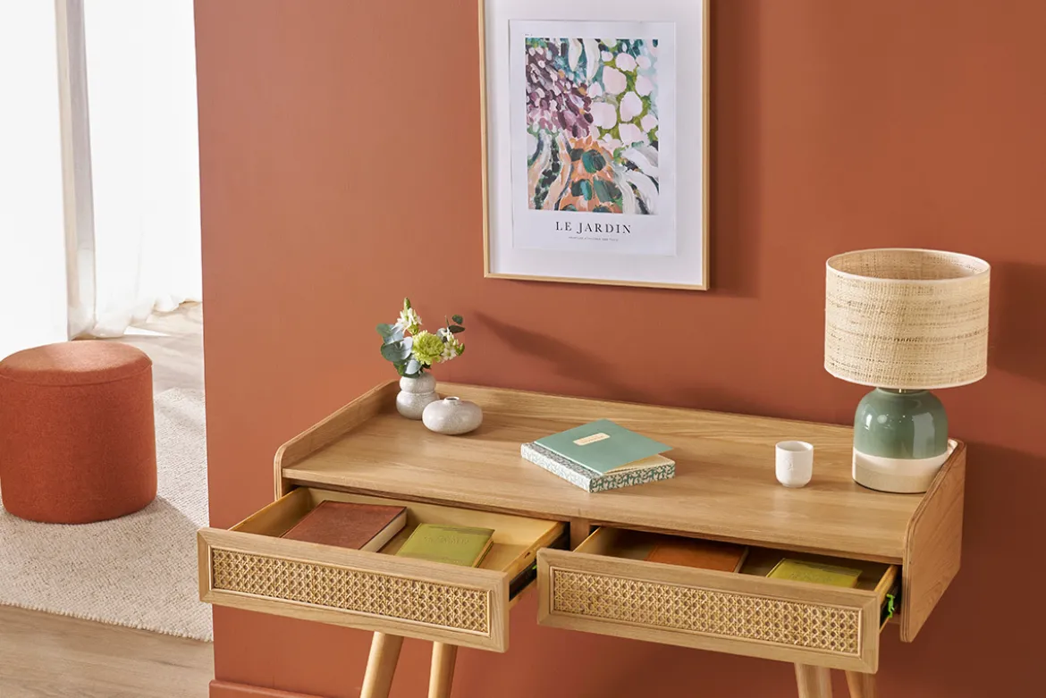 Bureau design avec rangements 2 tiroirs bois clair et cannage rotin L105 cm ELSY