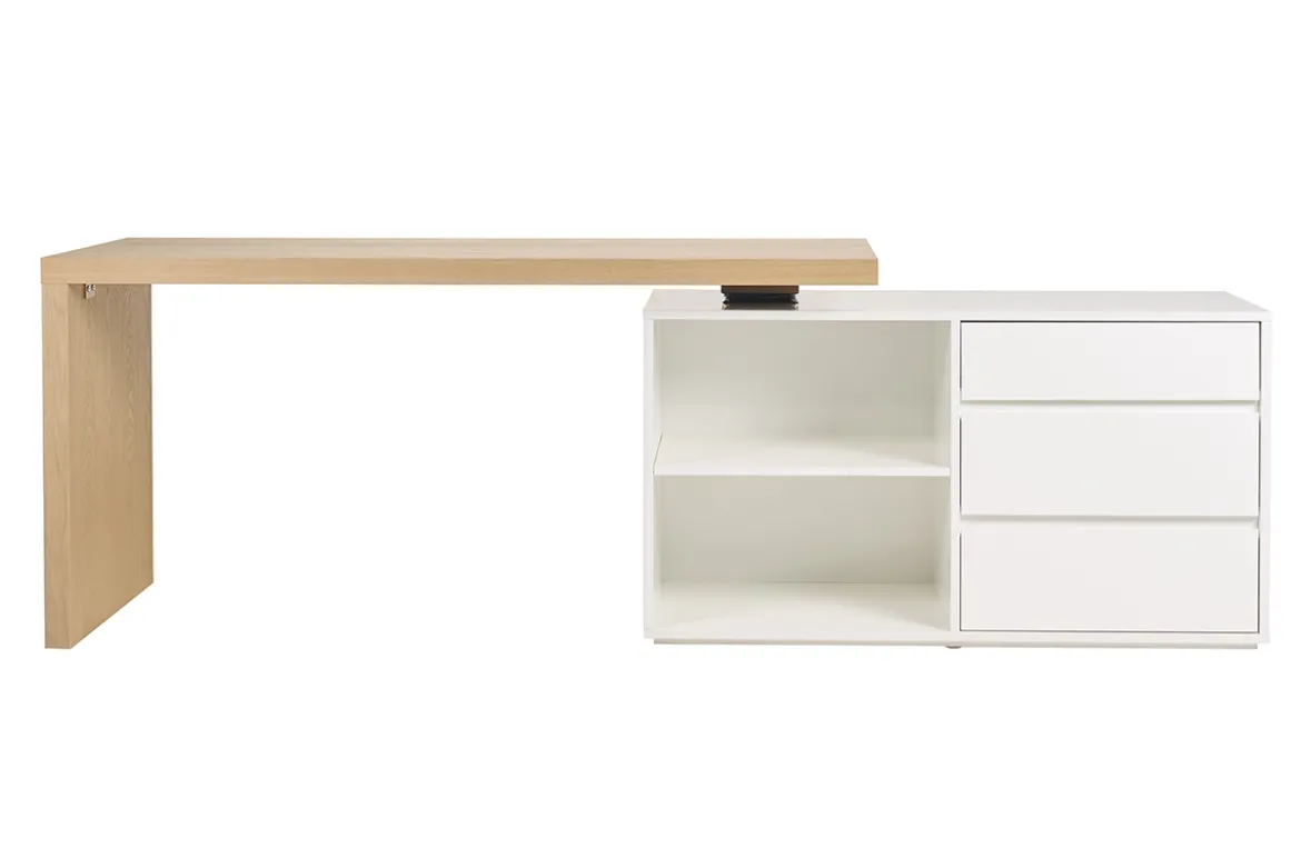 Bureau modulable design blanc brillant et bois clair frêne L160-235 cm NEW MAX