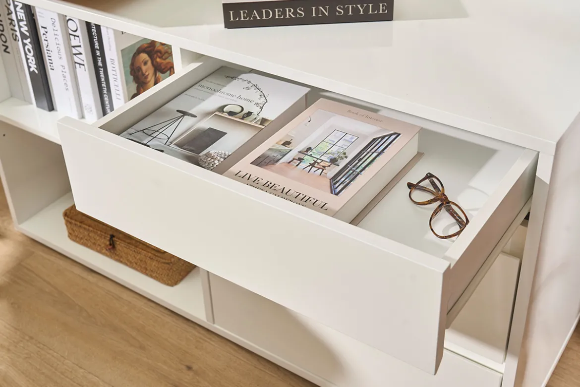 Bureau modulable design blanc brillant et bois clair frêne L160-235 cm NEW MAX