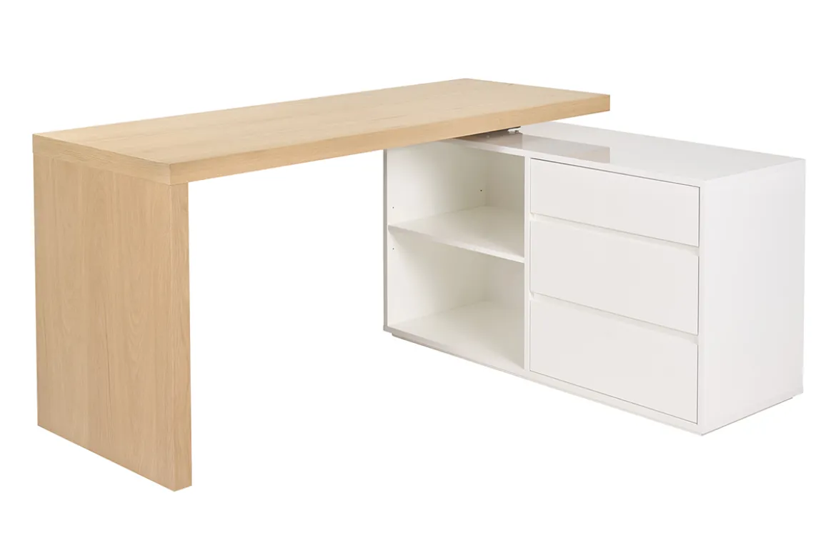 Bureau modulable design blanc brillant et bois clair frêne L160-235 cm NEW MAX