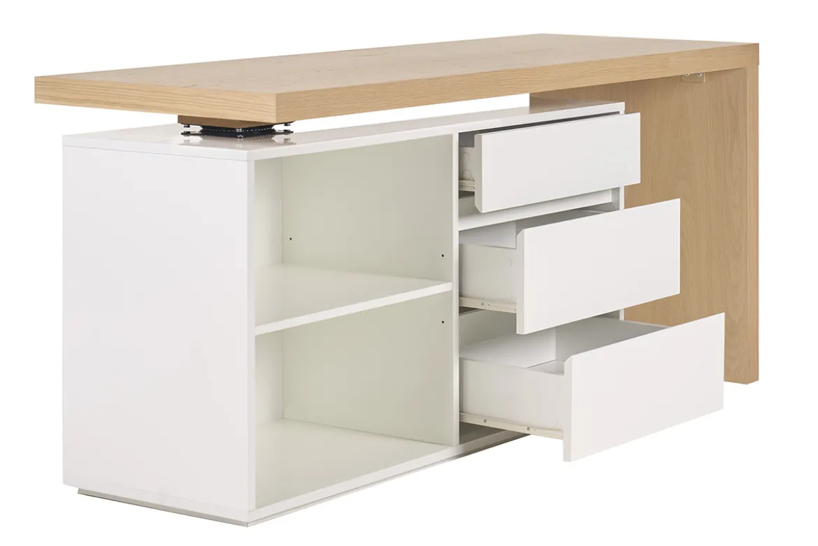 Bureau modulable design blanc brillant et bois clair frêne L160-235 cm NEW MAX