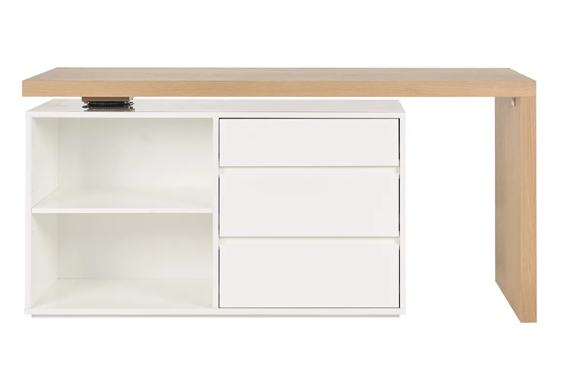 Bureau modulable design blanc brillant et bois clair frêne L160-235 cm NEW MAX