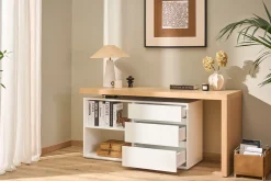 Bureau modulable design blanc brillant et bois clair frêne L160-235 cm NEW MAX