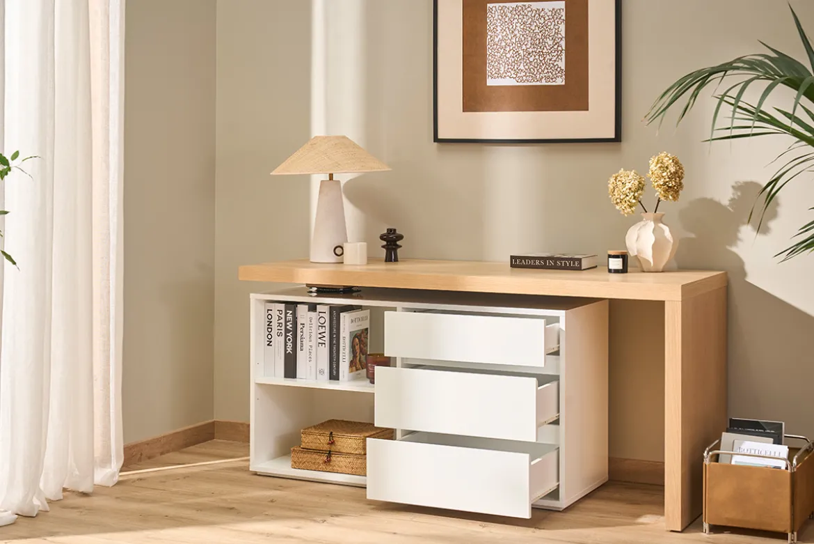 Bureau modulable design blanc brillant et bois clair frêne L160-235 cm NEW MAX