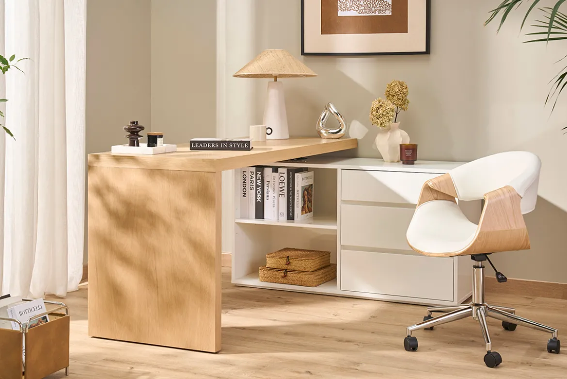 Bureau modulable design blanc brillant et bois clair frêne L160-235 cm NEW MAX