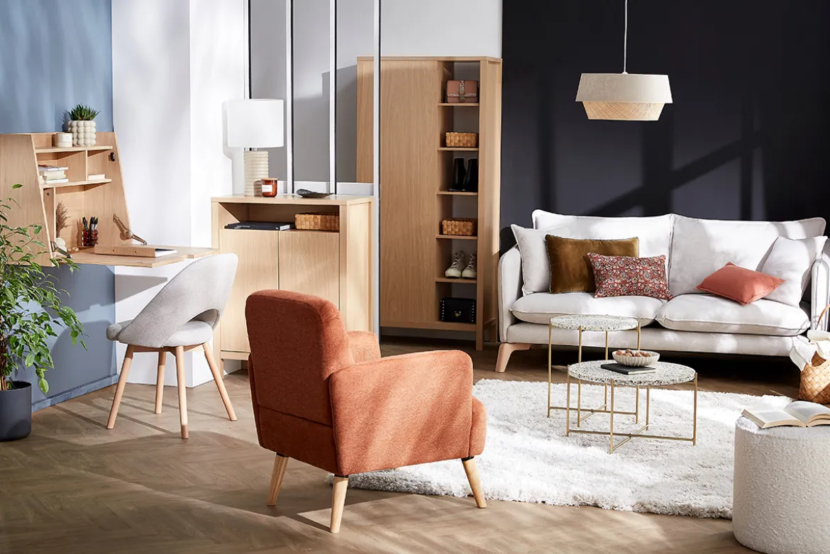 Bureau mural avec rangements scandinave bois clair chêne L78 cm GABIN