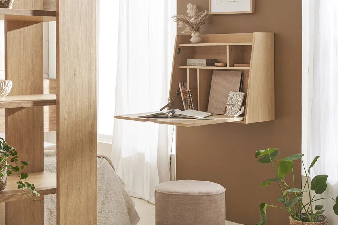 Bureau mural avec rangements scandinave bois clair chêne L78 cm GABIN