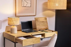 Bureau à rangements industriel bois manguier massif et métal noir L118 cm YPSTER