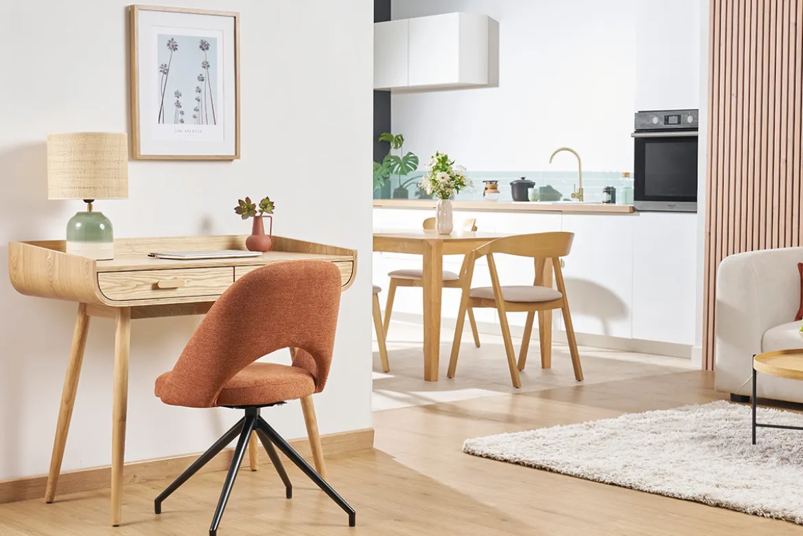 Bureau scandinave bois clair avec rangements 2 tiroirs L100 cm HALLEN
