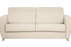 Canapé convertible avec têtières ajustables 3 places en tissu beige et bois clair avec matelas 13 cm GOYA