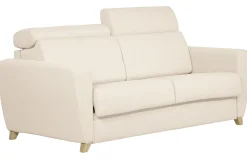 Canapé convertible avec têtières ajustables 3 places en tissu beige et bois clair avec matelas 13 cm GOYA
