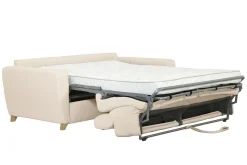 Canapé convertible avec têtières ajustables 3 places en tissu beige et bois clair avec matelas 13 cm GOYA