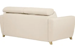 Canapé convertible avec têtières ajustables 3 places en tissu beige et bois clair avec matelas 13 cm GOYA