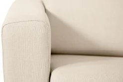 Canapé convertible avec têtières ajustables 3 places en tissu beige et bois clair avec matelas 13 cm GOYA
