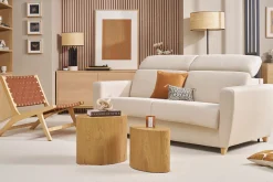 Canapé convertible avec têtières ajustables 3 places en tissu beige et bois clair avec matelas 13 cm GOYA