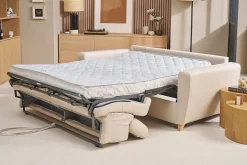 Canapé convertible avec têtières ajustables 3 places en tissu beige et bois clair avec matelas 13 cm GOYA