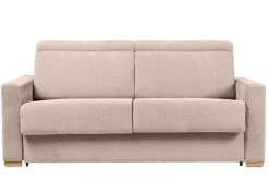Canapé convertible avec têtières ajustables 3 places en tissu effet velours beige avec matelas 18 cm NORO