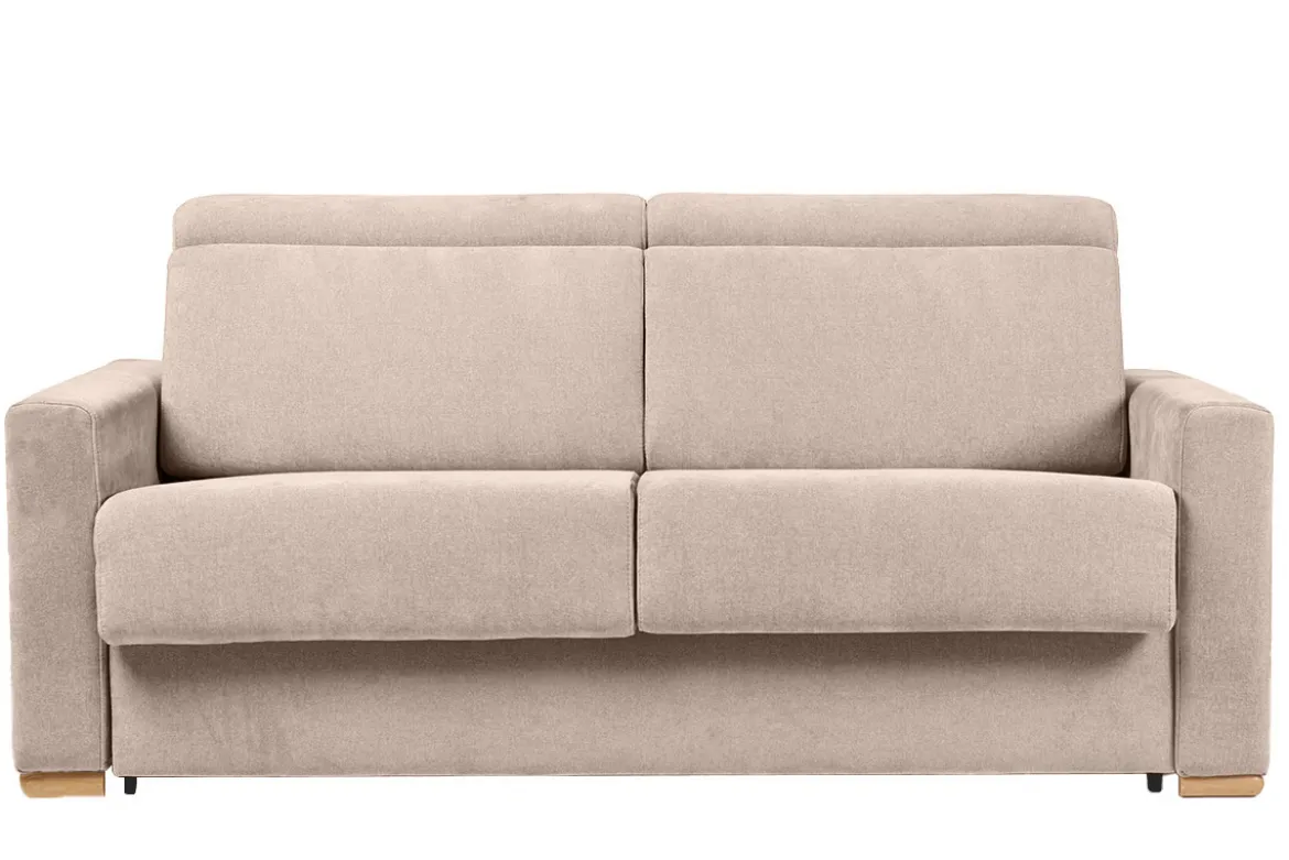 Canapé convertible avec têtières ajustables 3 places en tissu effet velours beige avec matelas 18 cm NORO