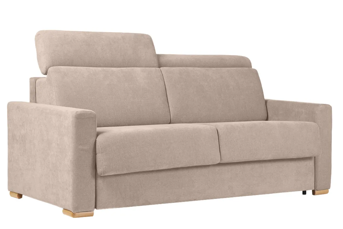 Canapé convertible avec têtières ajustables 3 places en tissu effet velours beige avec matelas 18 cm NORO
