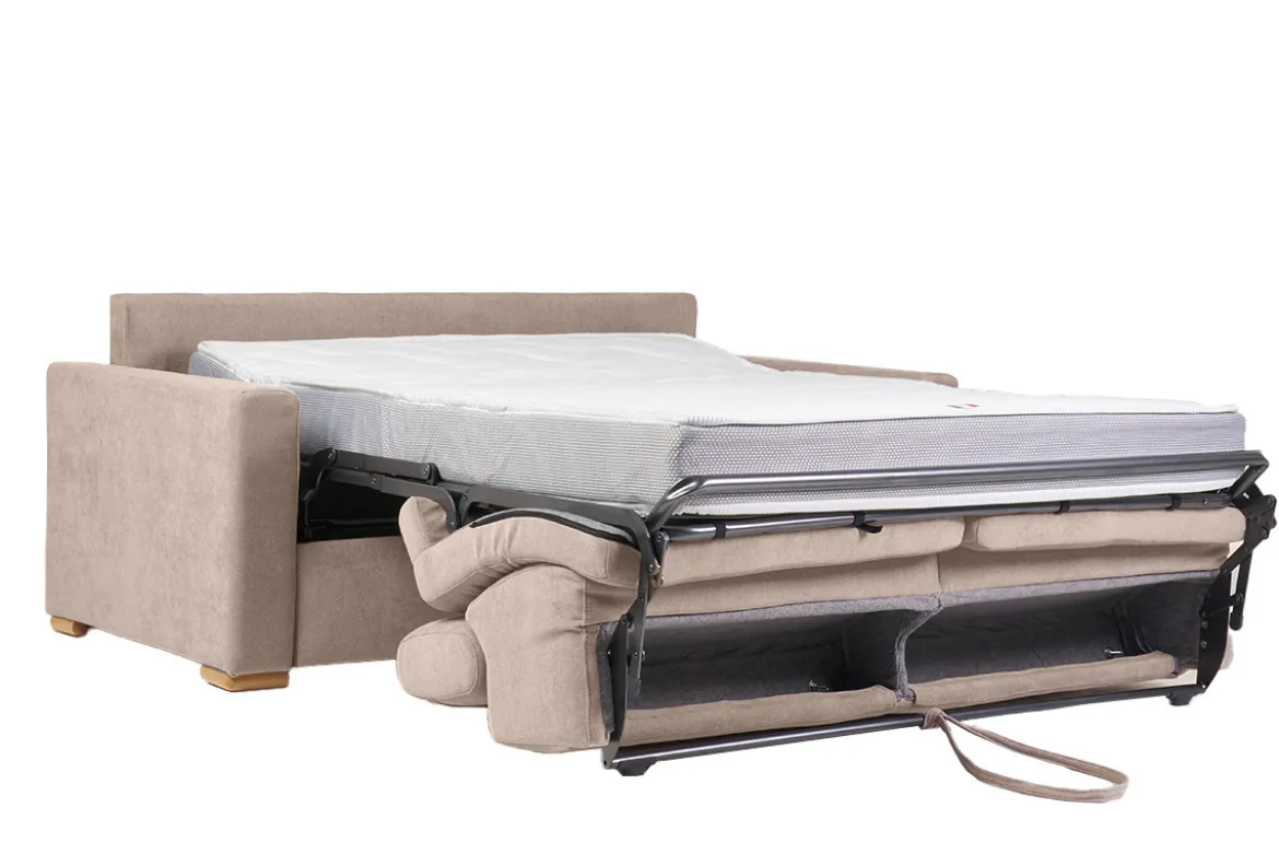Canapé convertible avec têtières ajustables 3 places en tissu effet velours beige avec matelas 18 cm NORO