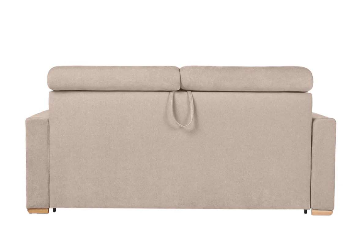 Canapé convertible avec têtières ajustables 3 places en tissu effet velours beige avec matelas 18 cm NORO