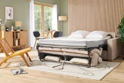 Canapé convertible avec têtières ajustables 3 places en tissu effet velours beige avec matelas 18 cm NORO