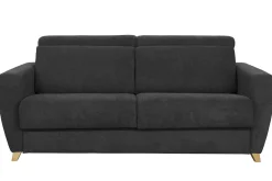 Canapé convertible avec têtières ajustables 3 places en tissu effet velours gris anthracite et bois clair avec matelas 13 cm GOYA