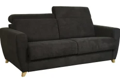Canapé convertible avec têtières ajustables 3 places en tissu effet velours gris anthracite et bois clair avec matelas 13 cm GOYA