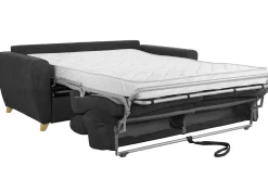 Canapé convertible avec têtières ajustables 3 places en tissu effet velours gris anthracite et bois clair avec matelas 13 cm GOYA