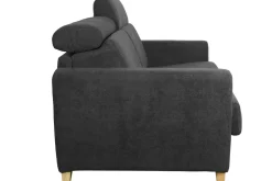 Canapé convertible avec têtières ajustables 3 places en tissu effet velours gris anthracite et bois clair avec matelas 13 cm GOYA