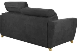 Canapé convertible avec têtières ajustables 3 places en tissu effet velours gris anthracite et bois clair avec matelas 13 cm GOYA