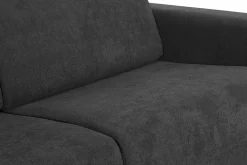 Canapé convertible avec têtières ajustables 3 places en tissu effet velours gris anthracite et bois clair avec matelas 13 cm GOYA