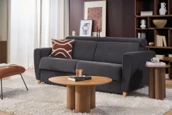 Canapé convertible avec têtières ajustables 3 places en tissu effet velours gris anthracite et bois clair avec matelas 13 cm GOYA