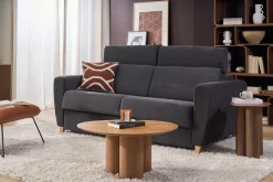 Canapé convertible avec têtières ajustables 3 places en tissu effet velours gris anthracite et bois clair avec matelas 13 cm GOYA