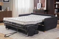 Canapé convertible avec têtières ajustables 3 places en tissu effet velours gris anthracite et bois clair avec matelas 13 cm GOYA