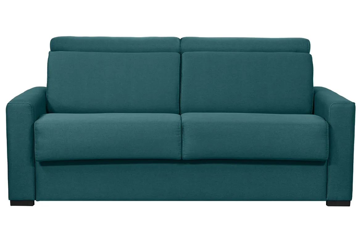 Canapé convertible avec têtières ajustables 3 places en tissu bleu canard avec matelas 18 cm NORO