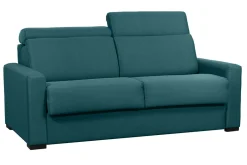 Canapé convertible avec têtières ajustables 3 places en tissu bleu canard avec matelas 18 cm NORO