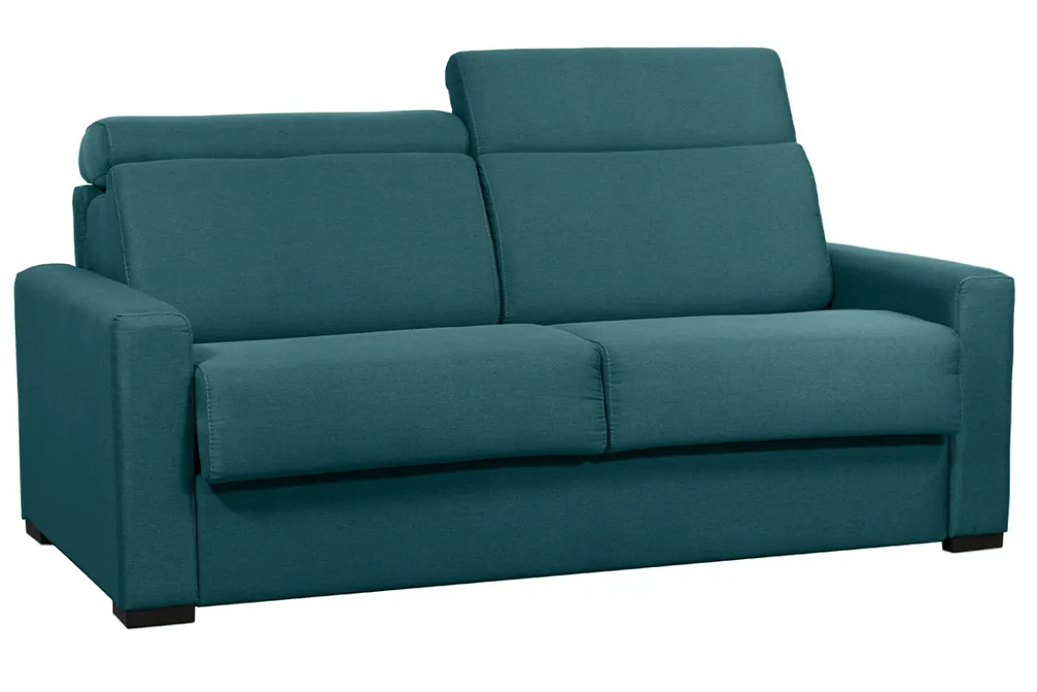 Canapé convertible avec têtières ajustables 3 places en tissu bleu canard avec matelas 18 cm NORO