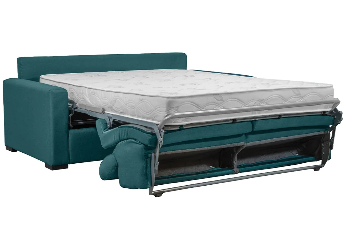 Canapé convertible avec têtières ajustables 3 places en tissu bleu canard avec matelas 18 cm NORO