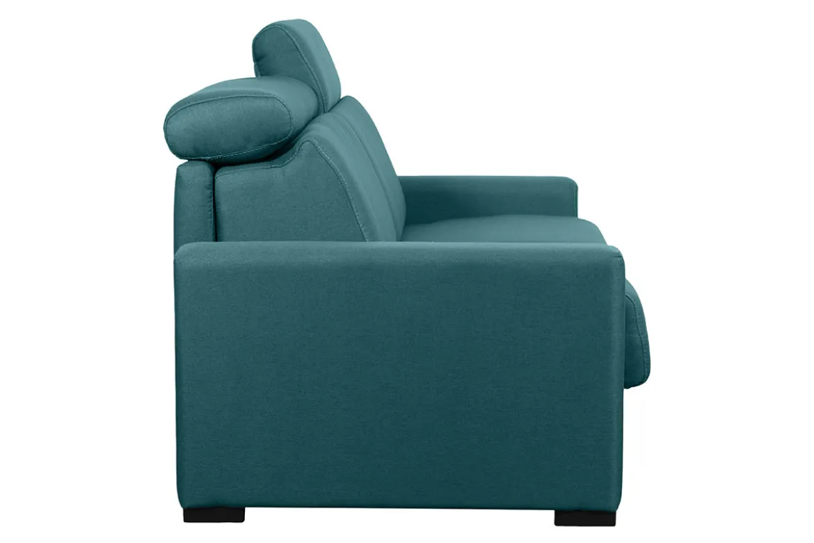 Canapé convertible avec têtières ajustables 3 places en tissu bleu canard avec matelas 18 cm NORO